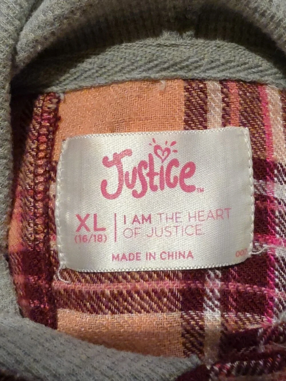 Justice Peach & Burgundy Plaid Hooded Button-Down Shirt